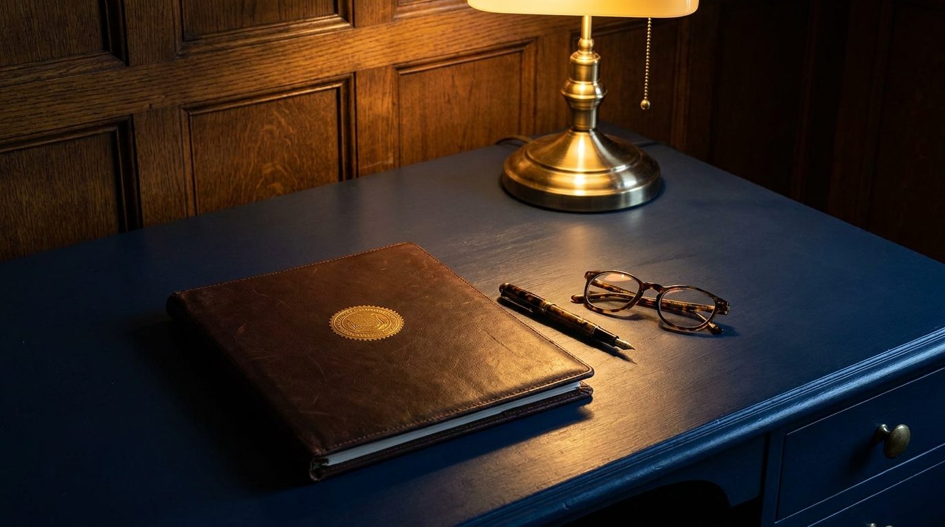 Leather compliance folder with gold seal on a navy desk