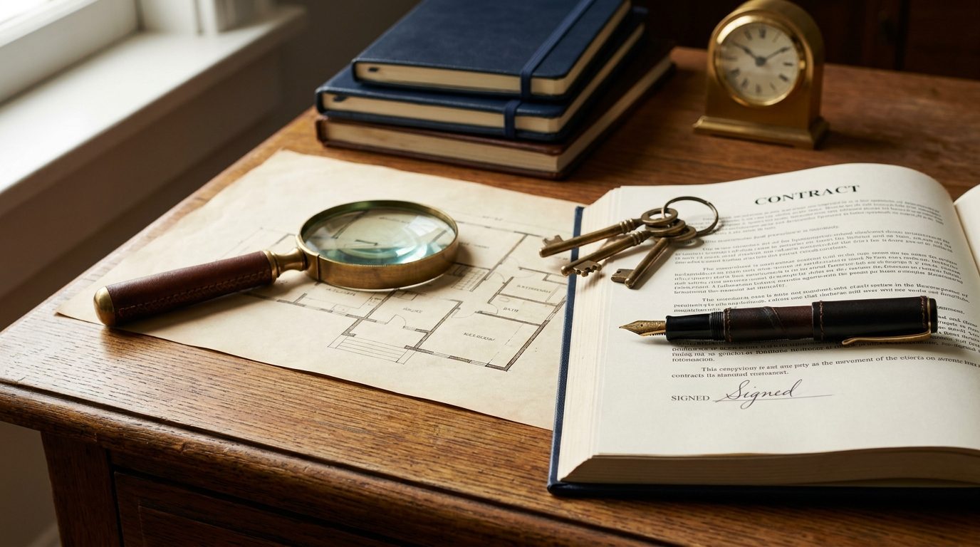 Floor plans, magnifier, keys and a contract pack on a desk