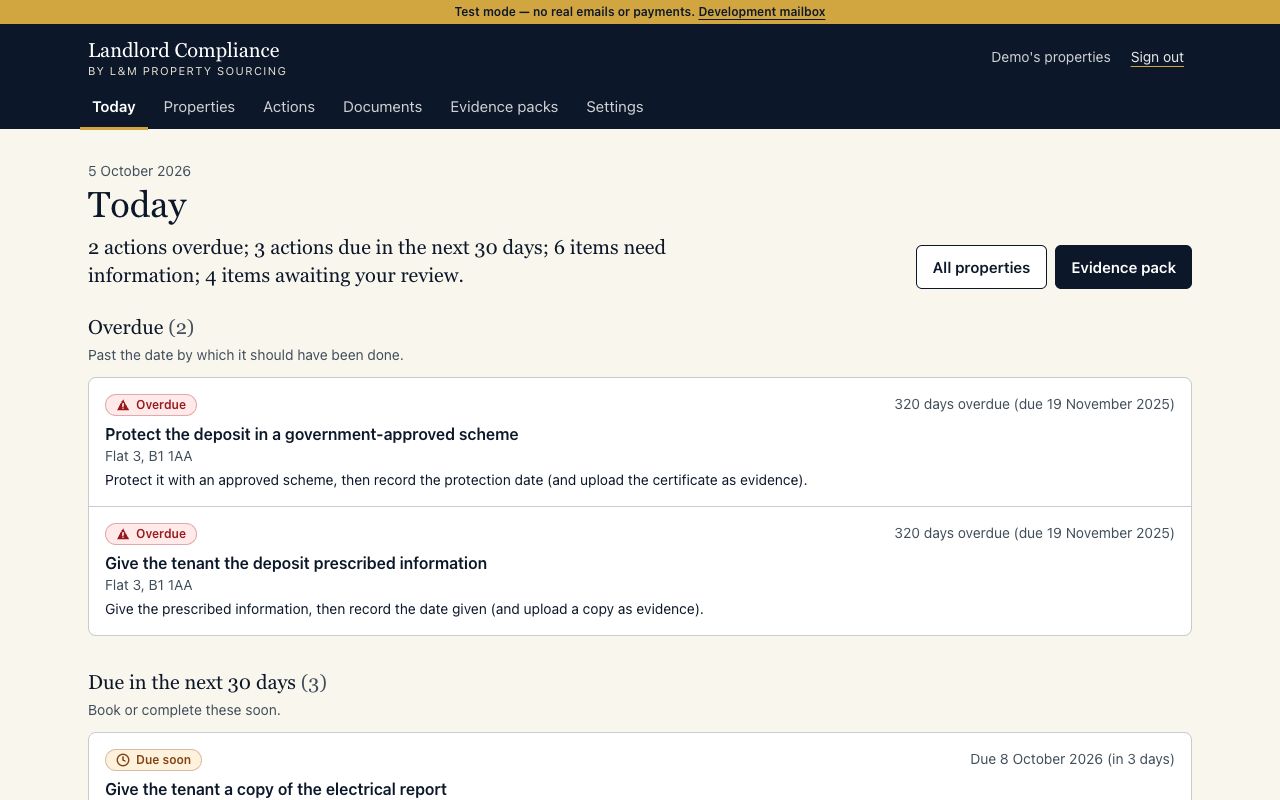Genuine local app preview with fictional data: Today groups overdue actions and upcoming dates.